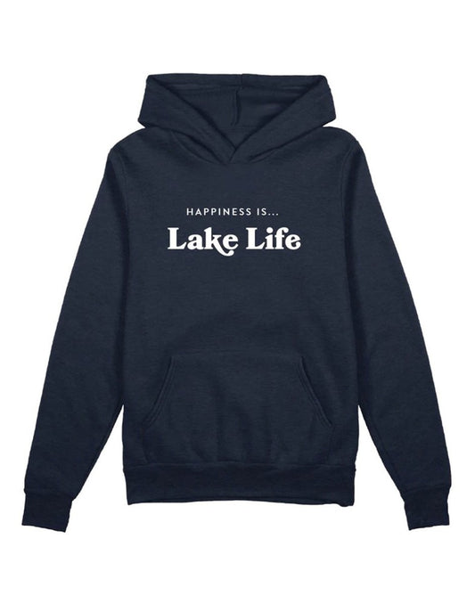 Product Image – Happiness Is...Lake Life 'Special K' Unisex Hoodie in navy with white writing across chest that reads Happiness Is...Lake Life, front view