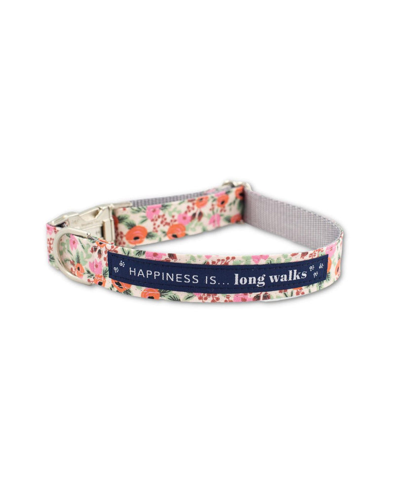 Happiness Is... Long Walks Floral Dog Collar with silver clip and navy blue strip with white small paw prints and words that say Happiness Is...long walks