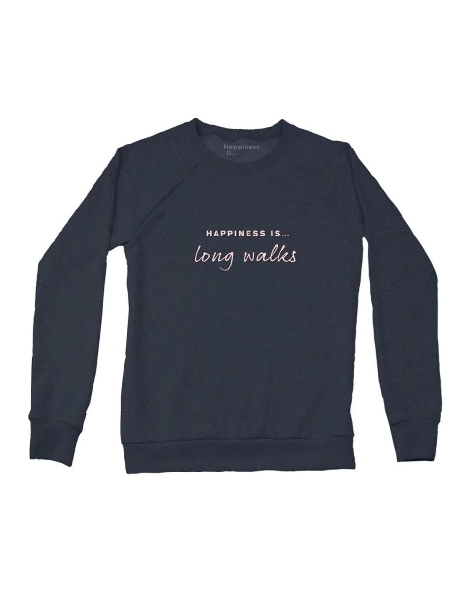 Happiness Is...long walks women's crew sweatshirt in navy with light pink words that read Happiness Is...long walks