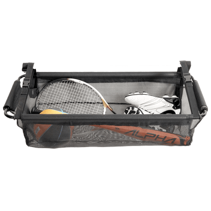 Front view of High Road® CargoStash™ Storage Shelf, with sports equipment and gear positioned inside. 