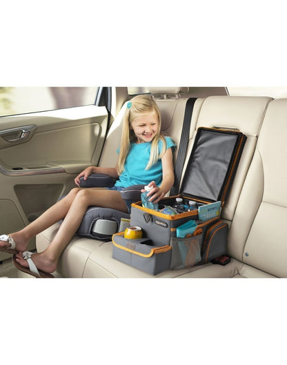 Girl sitting beside high road carhop™ back seat organizer with insulated cooler side view