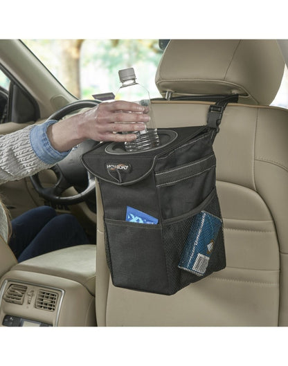 Men throwing garbage in high road stashaway headrest and console car trash can black colour hanging strap