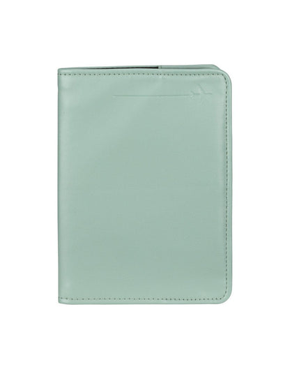 RFID Passport Cover in green with embossed airplane in top right corner, front view