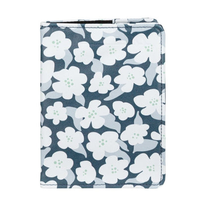 RFID Passport Cover in navy floral print with embossed airplane in top right corner, front view