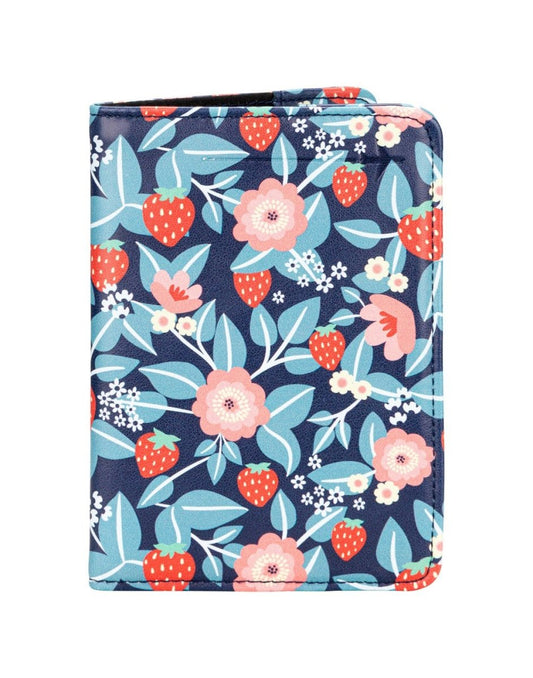 Product Image – RFID Passport Cover in strawberry floral print with embossed airplane in top right corner, front view