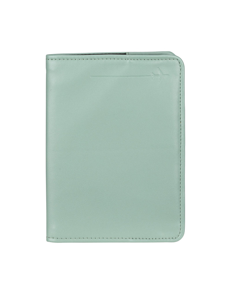 RFID Passport Cover in green with embossed airplane in top right corner, front view