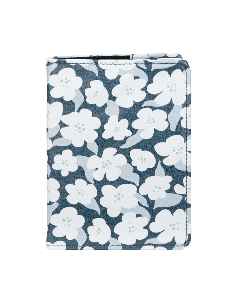 RFID Passport Cover in navy floral print with embossed airplane in top right corner, front view
