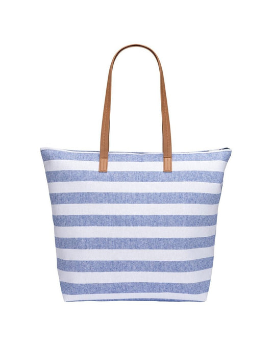 Product Image – White and blue horizontal striped beach bag with top zip and tan coloured double straps, front view