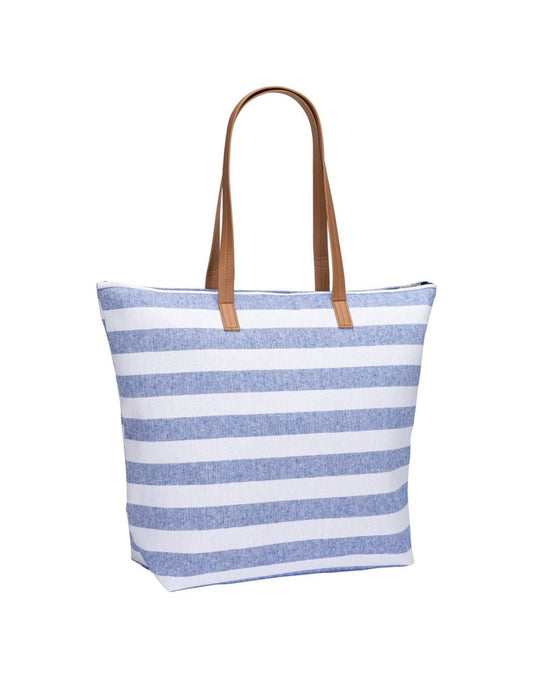 Product Image – White and blue horizontal striped beach bag with top zip and tan coloured double straps, front angled view