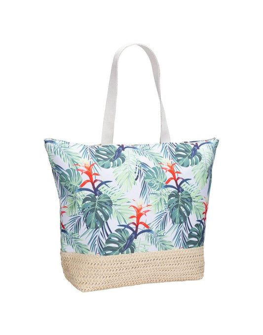 Product Image – Green and blue tropical leaves with red flowers print with white double straps and straw bottom overlap, front angled view