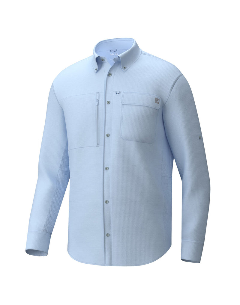 Front view of a Huk Men's A1A Button-Down Shirt in Ice Water blue colour.