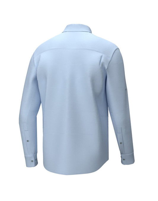 Product Image – Back view of a Huk Men's A1A Button-Down Shirt in Ice Water blue colour.