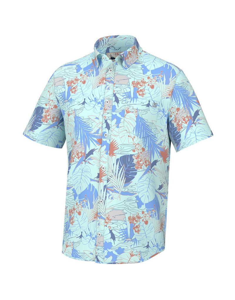 Front view of the Huk Men's Kona Button-Down Shirt in Radical Botanical Eggshell Blue pattern.