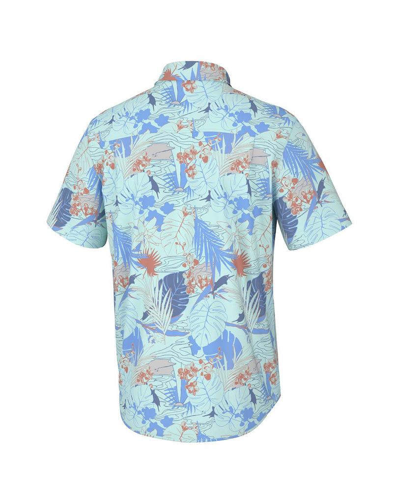 Back view of the Huk Men's Kona Button-Down Shirt in Radical Botanical Eggshell Blue pattern.