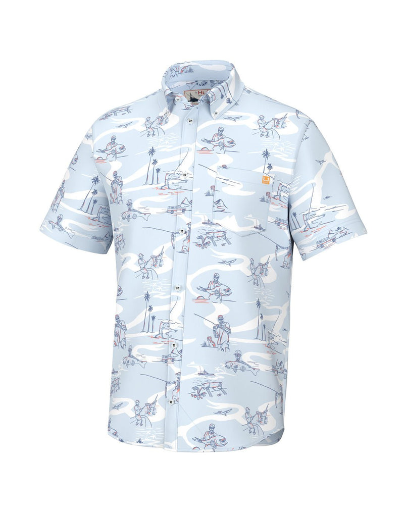 Front view of the Huk Men's Kona Button-Down Shirt in Fish Bones Ice Water pattern.