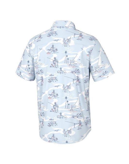 Product Image – Back view of the Huk Men's Kona Button-Down Shirt in Fish Bones Ice Water pattern.