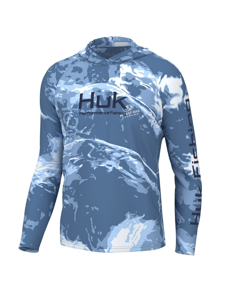  Front view of the Huk Men's Mossy Oak Pursuit Performance Hoodie in Mossy Oak Stormwater Spindrift colour. Huk logo printed across chest and "Huk Fishing" along outside length of left sleeve.