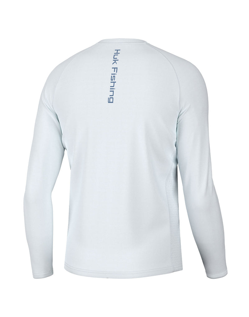 Back view of the Huk Men's  Pursuit Performance Shirt in white with "Huk Fishing" printed vertically in centre of shirt between shoulder blades.