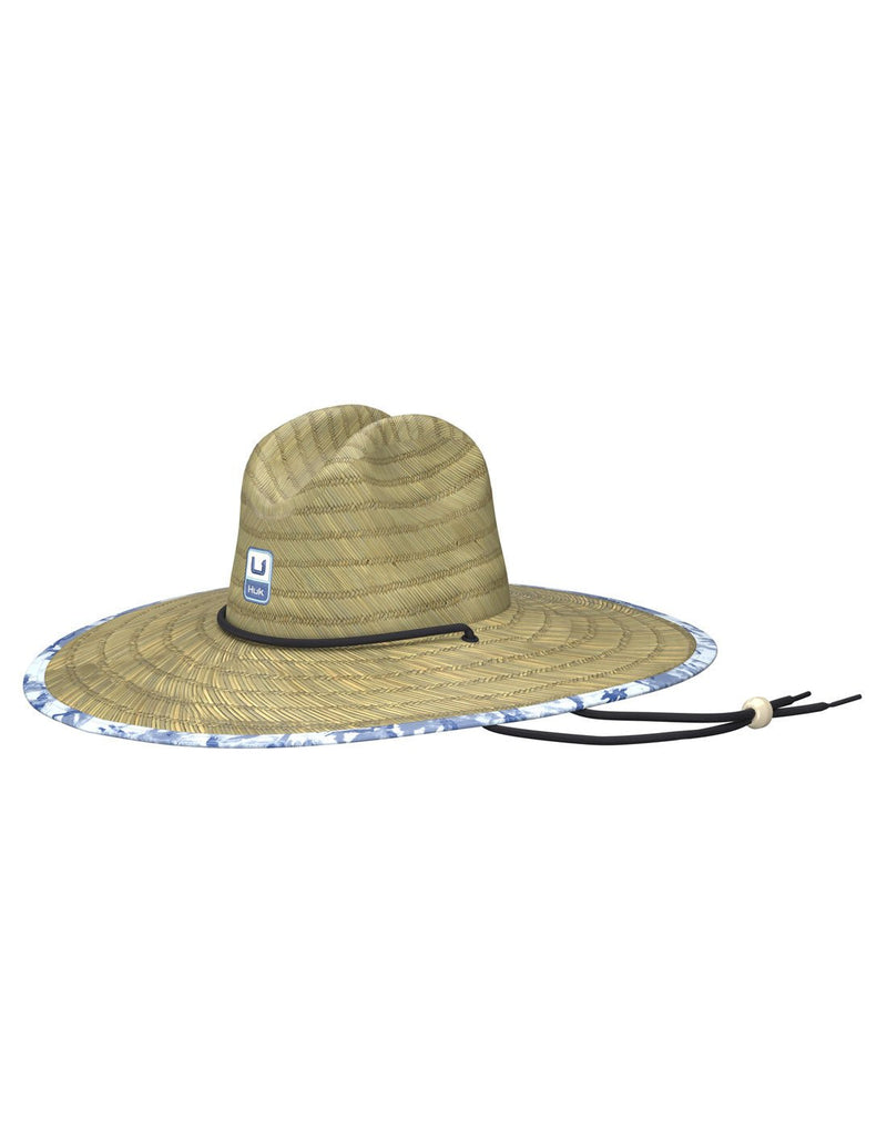 Front view of the Huk Men's Straw Hat  in Cane Bay Ice Water pattern liner.  Showing the Huk logo on the front and the adjustable chin strap. 