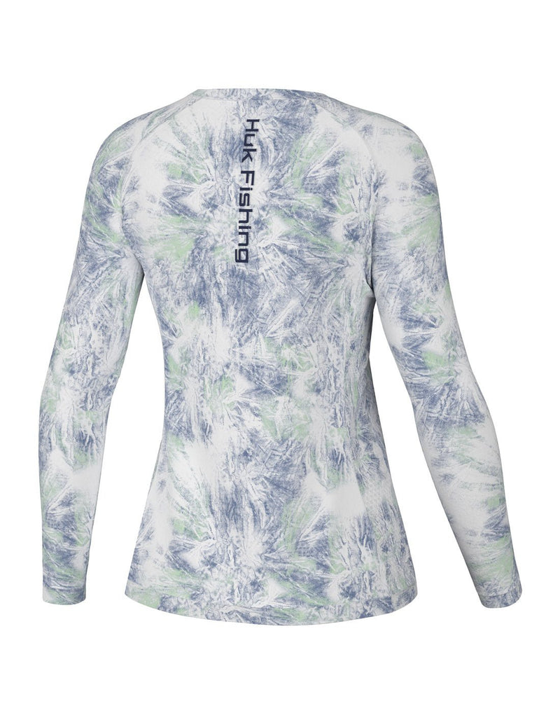 Back view of the Huk Women's Pursuit Performance Shirt in Aqua Dye White colour with "Huk Fishing" printed vertically in centre of shirt between shoulder blades.