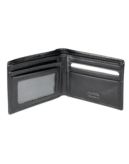 The RFID Billfold Men's Leather Wallet with ID Window in black, open, showing interior that includes ID window.