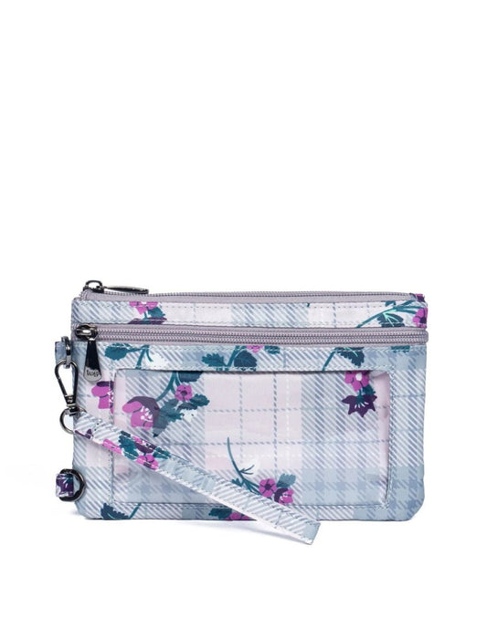 Product Image – Lug Peekaboo Convertible Wristlet Pouch, white and light grey plaid with pink flowers, back view of zippered clear case section