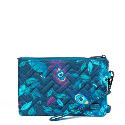 Lug Peekaboo Convertible Wristlet Pouch, blue with turquoise and purple peacock feather design, front view