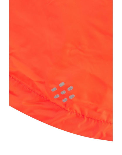 Mac in a Sac Origin II Neon Packable Waterproof Jacket in neon orange, close up of reflective detailing.