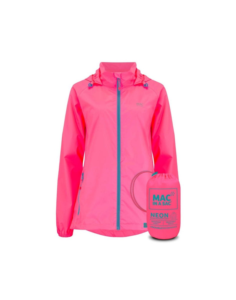 Mac in a Sac Origin II Neon Packable Waterproof Jacket in neon pink, front view with neon pink packing sack in front.