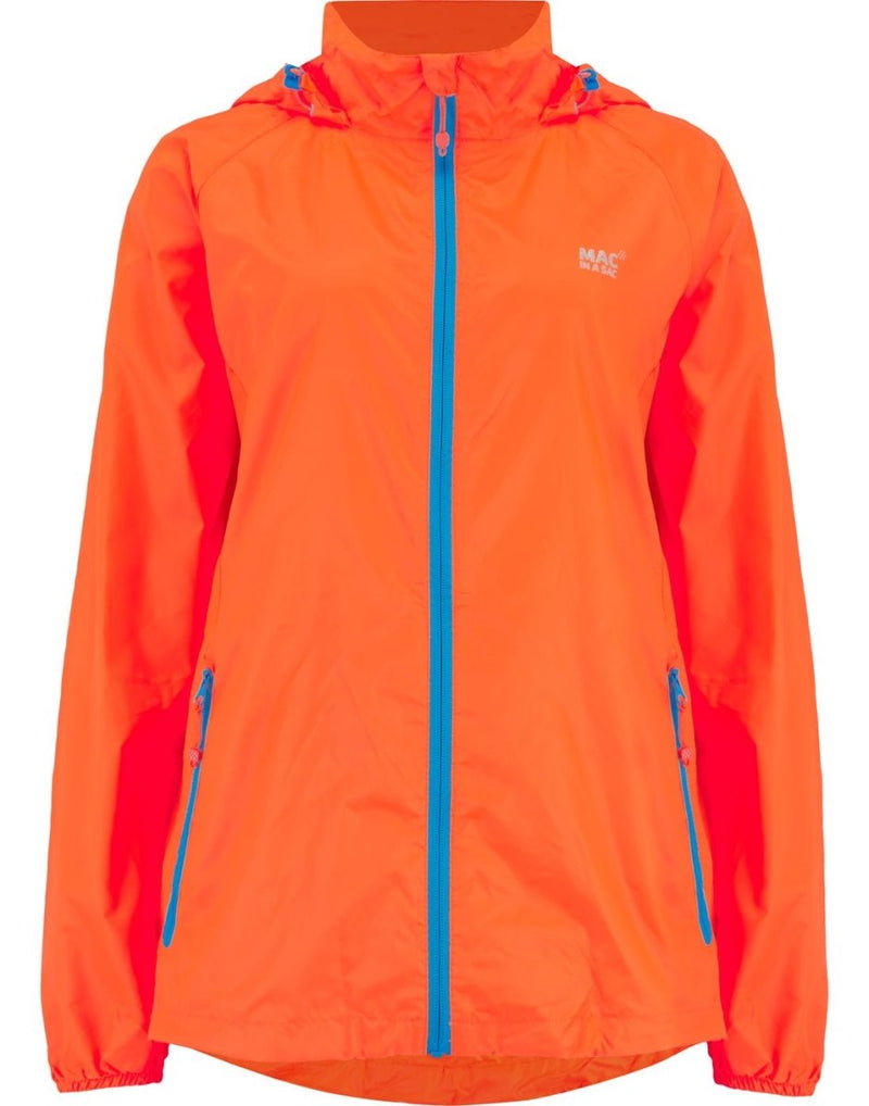 Mac in a Sac Origin II Neon Packable Waterproof Jacket in neon orange, close up front view.