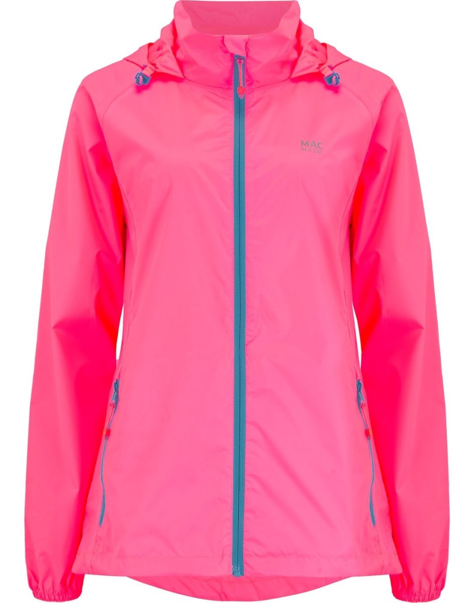 Mac in a Sac Origin II Neon Packable Waterproof Jacket in neon pink, close up front view.