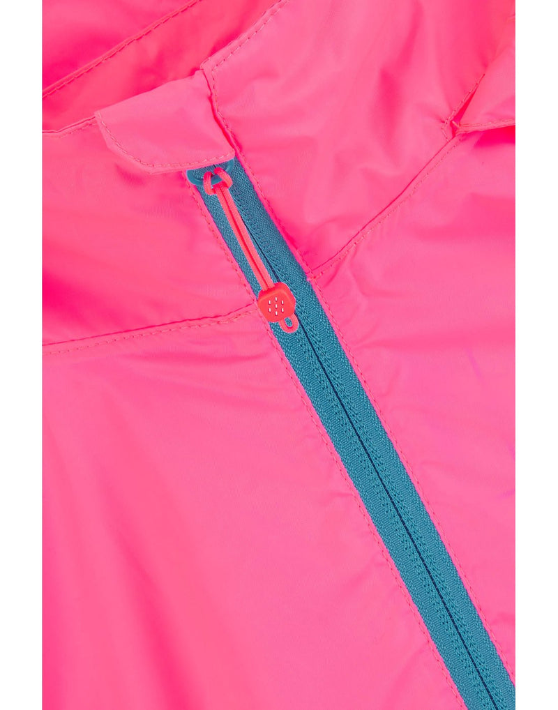 Mac in a Sac Origin II Neon Packable Waterproof Jacket in neon pink, close up of zipper flap.