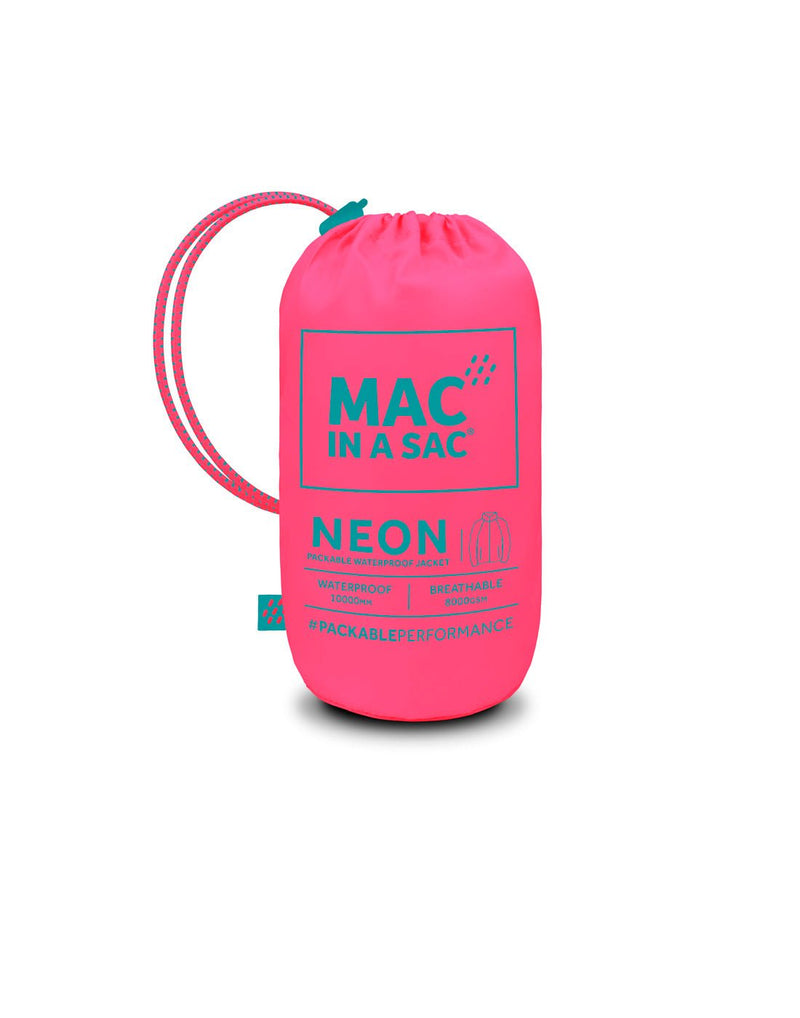 Packing sack of neon pink Mac in a Sac Origin II Neon Packable Waterproof Jacket.
