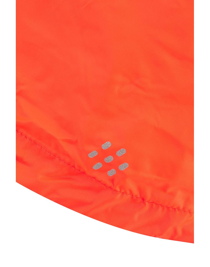 Mac in a Sac Origin II Neon Packable Waterproof Jacket in neon orange, close up of reflective detailing.