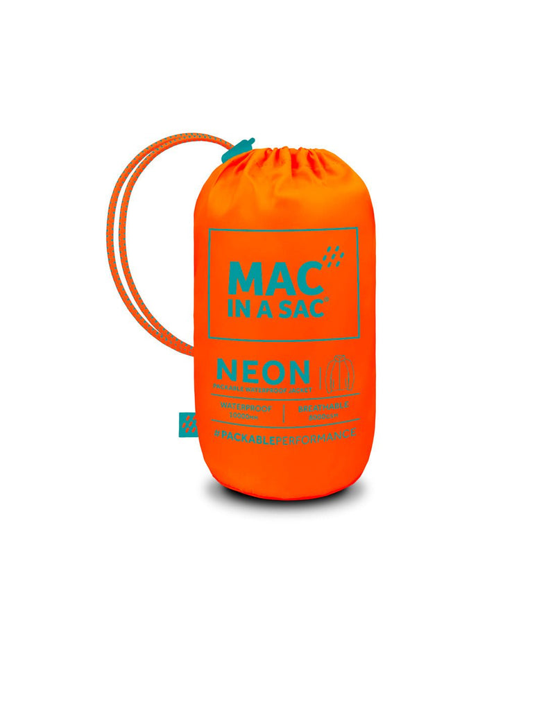Packing sack of neon orange Mac in a Sac Origin II Neon Packable Waterproof Jacket.