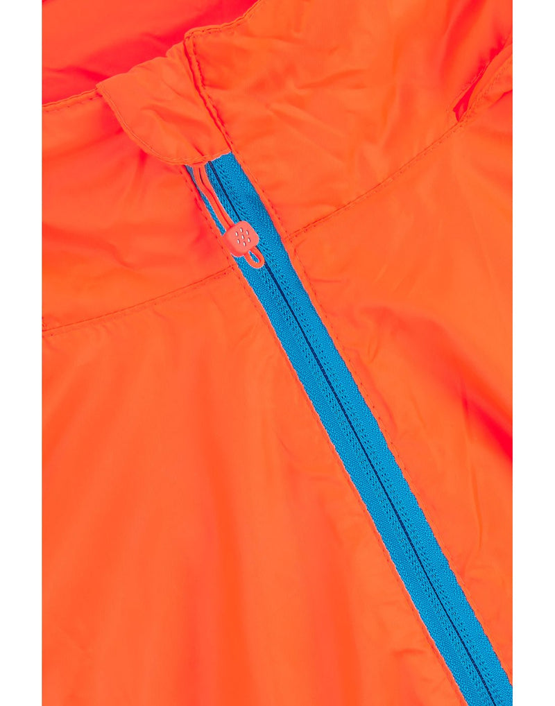 Mac in a Sac Origin II Neon Packable Waterproof Jacket in neon orange, close up of zipper flap.