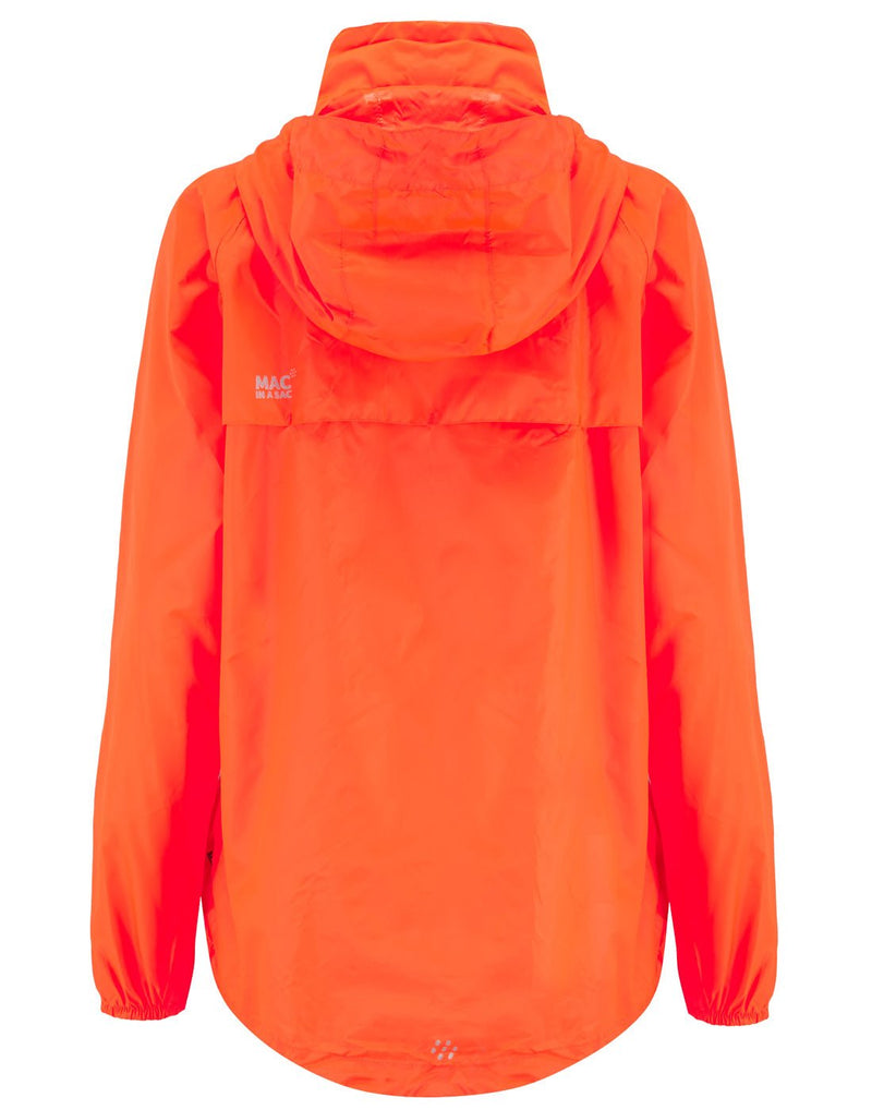 Mac in a Sac Origin II Neon Packable Waterproof Jacket in neon orange, back view.