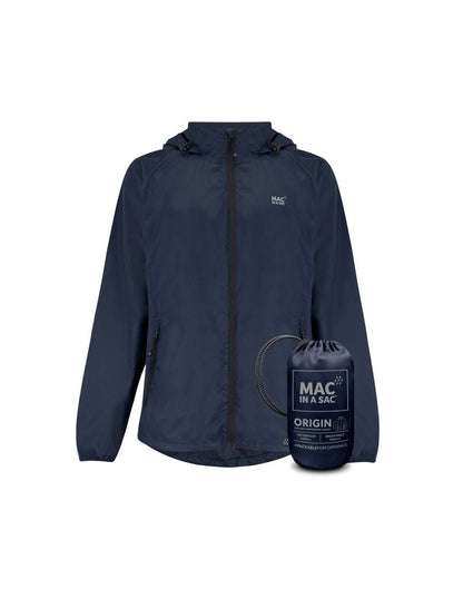 Mac in a Sac Origin II Packable Waterproof Jacket in navy, front view with navy packing sack in front.