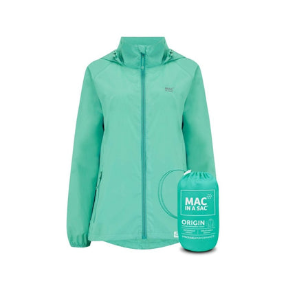 Mac in a Sac Origin II Packable Waterproof Jacket in tiffany, front view with tiffany packing sack in front.