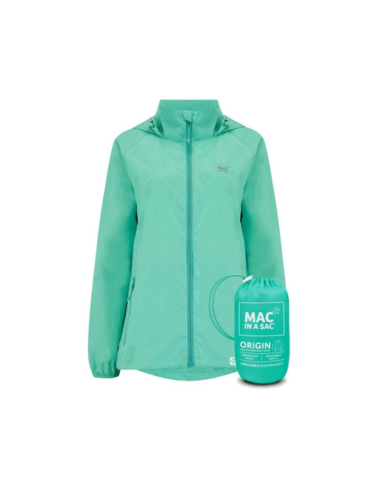 Product Image – Mac in a Sac Origin II Packable Waterproof Jacket in tiffany, front view with tiffany packing sack in front.