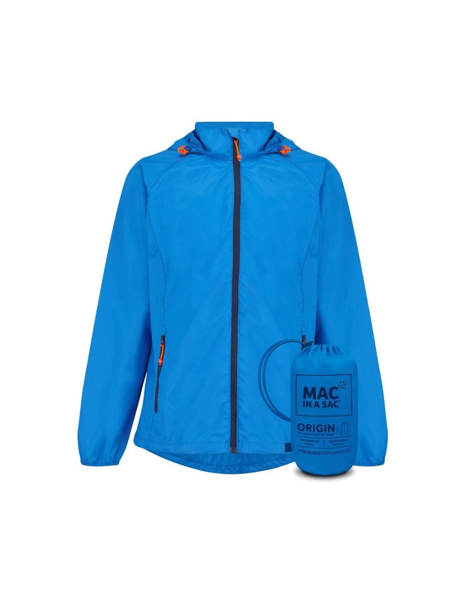 Mac in a Sac Origin II Packable Waterproof Jacket in ocean blue, front view with ocean blue packing sack in front.