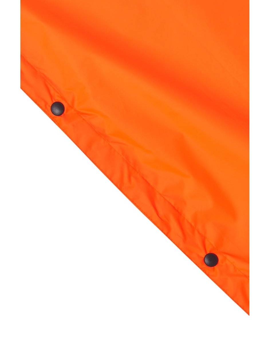 Snap adjustable side openings on neon orange Mac in a Sac Packable Waterproof Poncho.