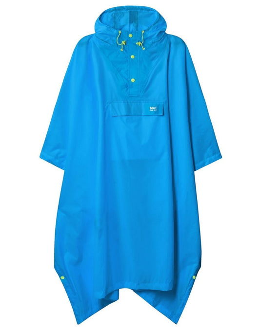 Product Image – Mac in a Sac Packable Waterproof Poncho in neon blue, front view.