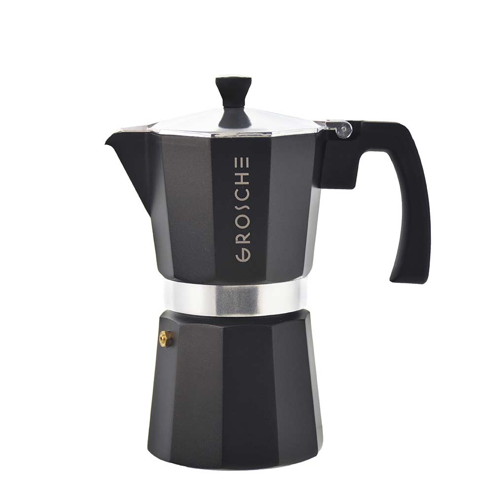 Matte black Grosche Milano stovetop espresso maker with silver band and safety valve