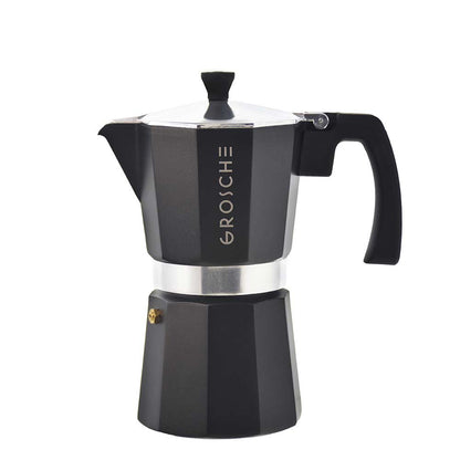 Matte black Grosche Milano stovetop espresso maker with silver band and safety valve
