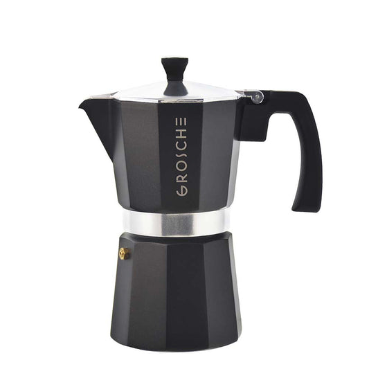Product Image – Matte black Grosche Milano stovetop espresso maker with silver band and safety valve