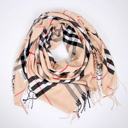 Alina's Plaid Scarf in beige with black, white and red plaid pattern