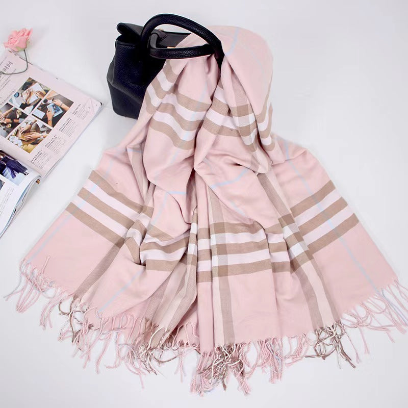 Alina's Plaid Scarf in pink with taupe and white plaid pattern