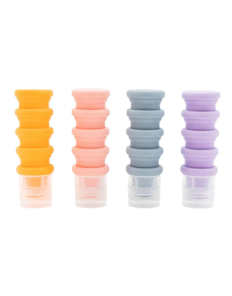 MyTagAlongs Set of 4 Expandable Silicone Travel Bottles in vibrant pastels, front view.