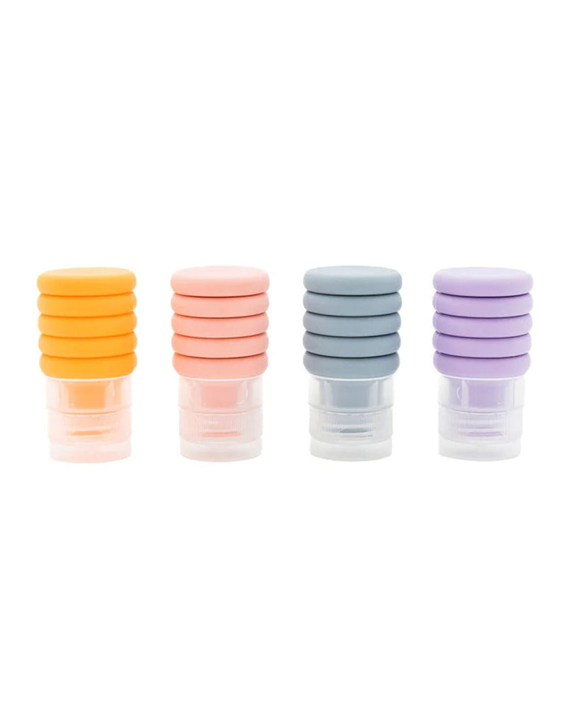 MyTagAlongs Set of 4 Expandable Silicone Travel Bottles in vibrant pastels, front view with bottles compressed.